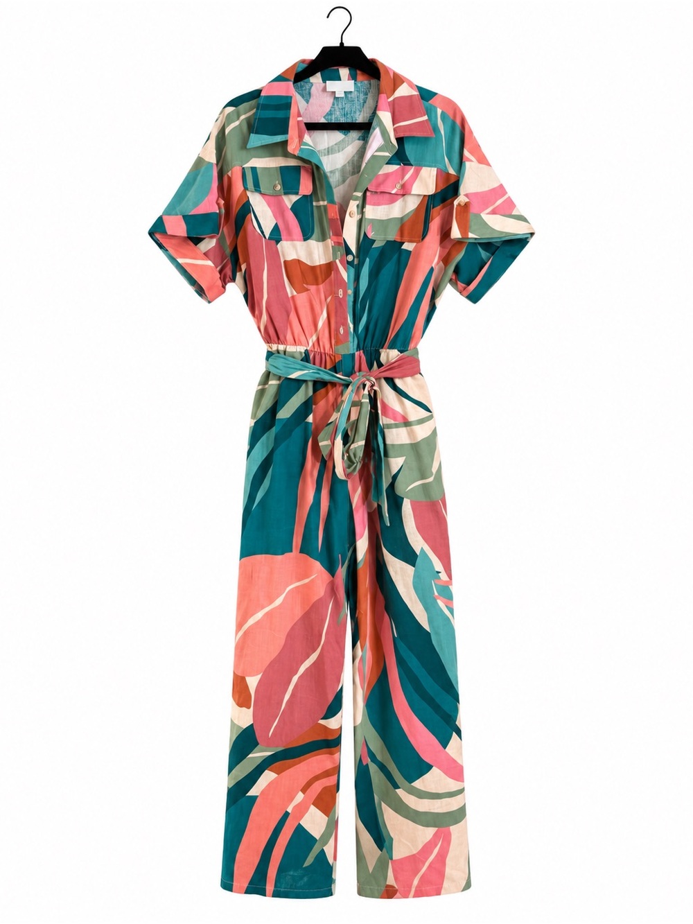 Women’s Teal & Coral Printed Tie-Waist Jumpsuit- Vacation Ready!